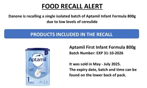 Cảnh báo ngừng sử dụng sữa Aptamil Infant Formula 800g do nhiễm độc tố